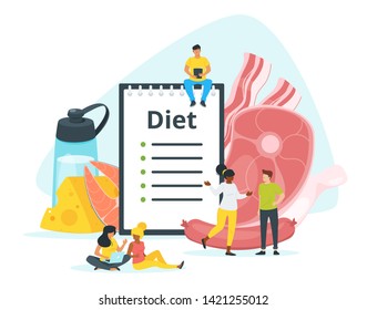 All-meat, carnivore diet plan vector web banner template. Zero carb dishes ingredients. Animal, dairy products eating. Dietitian consulting patients flat characters. Red meat, cheese, fish eating