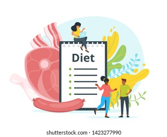 All-meat diet plan vector web banner template. Carnivore, zero carb dishes recipes book. Animal products meal eating. Dietitian consulting patients flat characters. Raw beef, pork steak illustration