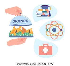 Allocating and receiving grants for study. Science and medicine. Education payment. Physics and medical research. Graduation hat. Hands holding tray with money banknotes