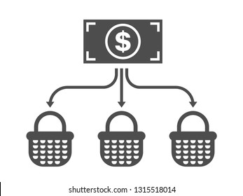 Allocation Business Icon. Diversification Money Concept. Financial Investment Illustration. US Dollar Banknote With Arrows And Baskets.