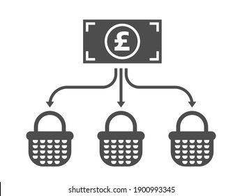 Allocation business icon. Diversification money concept. Financial investment illustration. UK pound - British money banknote with arrows and baskets.