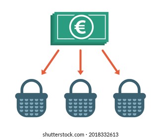 Allocation business icon. Diversification money concept. Financial investment illustration. Euro banknotes with arrows and baskets. Color flat design.