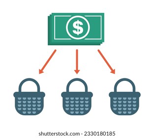 Allocation business icon. Diversification money concept. Financial investment illustration. US dollar banknotes with arrows and baskets. Color flat design.
