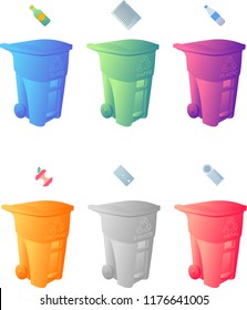 The allocation of garbage in six garbage containers in accordance with Zero Waste recycling and reuse philosophy. Colorful vector illustration for web and printing isolated on white.