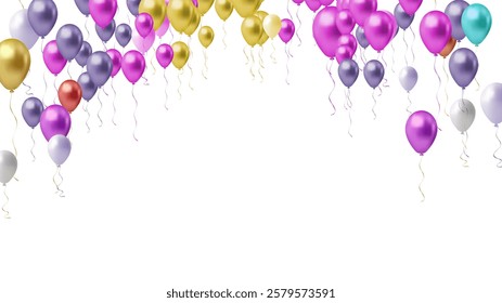 alloons with gold isolated on translucent background with reflection. 3D illustration of celebration, party balloons