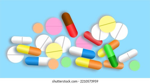 Allopathic medicines - tables, capsules of different colors with mild 3D effect shown on sky-blue background. 