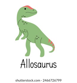 Allosaurus fragilis dinosaur isolated on white background. Lettering Allosaurus. Cartoon character of the Theropod group for kids t-shirt or web icon.  Vector hand drawn  illustration