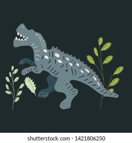 Allosaurus hand illustration on black background. Cartoon characters isolated design element. T-shirt, poster, vector, greeting card vector design. Vector