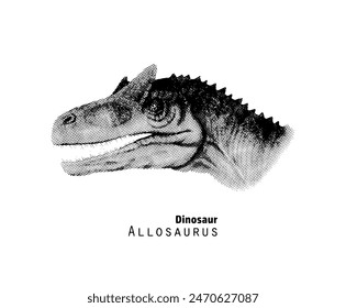 Allosaurus illustration. Dinosaur with open jaws. Ancient animal predator. Pointillism vector illustration. Black and white