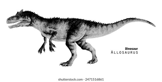 Allosaurus illustration. Dinosaur with open jaws. Ancient animal predator. Pointillism vector illustration. Black and white