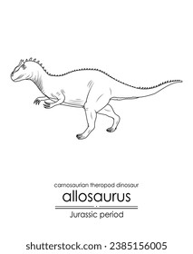 Allosaurus, a Jurassic period carnosaurian theropod dinosaur, a large carnivorous predator. Black and white line art, perfect for coloring and educational purposes.