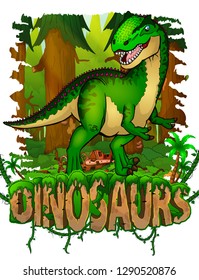 Allosaurus on the background of the forest. Vector logo. Dinosaur world