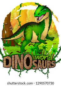 Allosaurus on the background of the forest. Vector logo. Dinosaur world