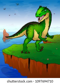 Allosaurus on the background of the sea. Vector illustration.