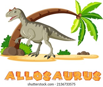 Allosaurus on island in cartoon style illustration