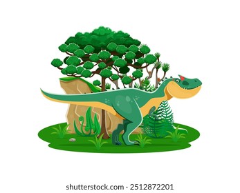 Personaje de dibujos animados de dinosaurio prehistórico Allosaurus. Dino terópodo Vector aislado perteneciente al período Jurásico Superior. Antiguo animal de reptil carnívoro en un exuberante paisaje con helechos, roca y árbol