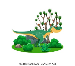 Personaje de dinosaurio prehistórico Allosaurus. Personaje lindo del animal del dinosaurio de la historieta en el fondo del Vector del paisaje de la naturaleza del parque jurásico. Divertido dinosaurio terópodo con árbol prehistórico, cactus y hierba verde