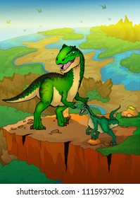 Allosaurus and raptor with landscape background. Vector illustration.