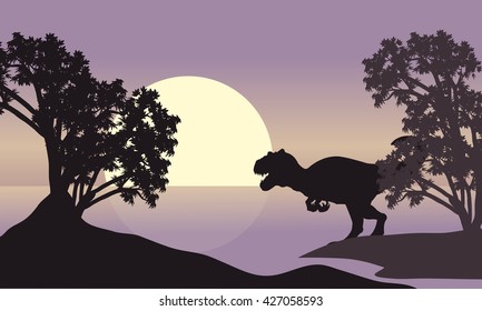 Allosaurus in riverbank scenery silhouette at the sunset