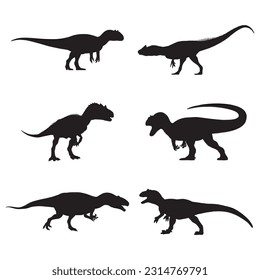 allosaurus silhouette set collection isolated black on white background vector illustration