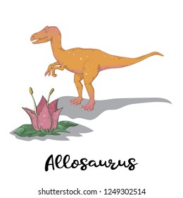 Allosaurus vector wirh plant isolated on a white background.Wild creature predator.Dinosaur period.Reptile animal 