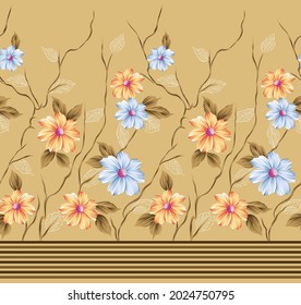 allover blue and pink flower pattern with border on brown background