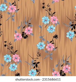 allover blue and pink flower pattern on brown background