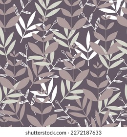 Allover dainty floral seamless pattern tile of aesthetic ornamental tree branches and leaves. Modern exquisite lush foliage design. Composite overlay repeat textured background for surface printing.