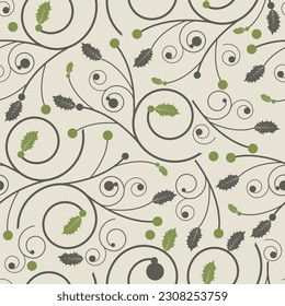 Allover dainty floral seamless pattern tile of aesthetic ornamental tree branches and leaves and swirls. Modern exquisite lush foliage design. Repeat textured background for surface printing.