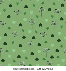 Allover exquisite seamless pattern design. Artistic allover repeating texture. Abstract ornamental background of arrangement of heart and star shapes. 