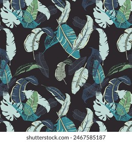 allover, feather pattern, floral, hand drawn, illustration, leaves pattern, tropical pattern