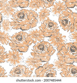 Allover floral design abstract background. Delightful seamless pattern with cute white and orange roses. Regular order. Country style millefleurs. Floral background for home textiles, interiors, linen
