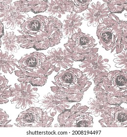 Allover floral design abstract background. Delightful seamless pattern with cute white and pink roses. Regular order. Country style millefleurs. Floral background for home textiles, interiors, linen