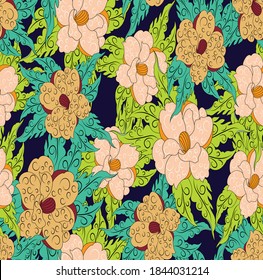 fondo azul del patrón de diseño floral de allover y hojas