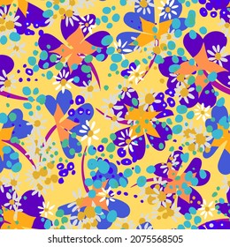 Allover floral seamless pattern. Ditsy botanical background made of daisy buds silhouettes. Summer motif with tiny simple flowers on dotted texture. Trendy flat ornament for textile and fabric.