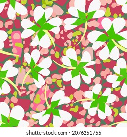 Allover floral seamless pattern. Ditsy botanical background made of daisy buds silhouettes. Summer motif with simple flowers on dotted geometric texture. Trendy flat ornament for textile and fabric.