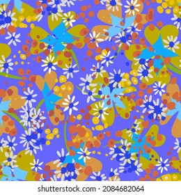 Allover floral seamless pattern. Ditsy botanical background made of daisy buds silhouettes. Summer motif with tiny simple flowers on dotted texture. Trendy flat ornament for textile and fabric.