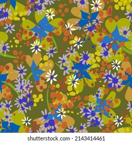 Patrón floral sin costuras. Fondo botánico de margarita de siluetas de brotes de margarita. Motif de verano con pequeñas flores simples sobre textura punteada. Un adorno plano de moda para textiles y tejidos.