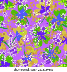 Allover florales nahtloses Muster. Ditsy botanischer Hintergrund aus Gänsehaut-Silhouetten. Sommermotiv mit kleinen, einfachen Blumen auf gepunkteter Textur. Trendfarbene flache Ornamente für Textilien und Gewebe.