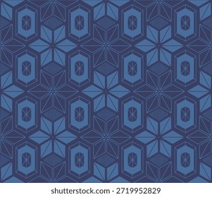 Allover geometric Japanese pattern. Star shape inspired by traditional Asanoha motif. Seamless ethnic geo print for wallpaper, backgrounds, apparel, wall covering, stationery, interior, homeware.