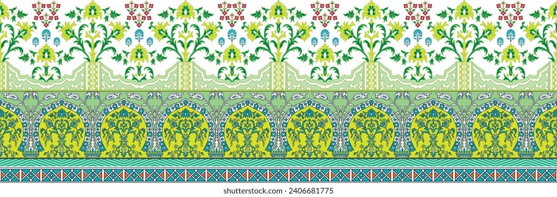 allover geometrical border vector paisley pattern on brown background seamless vector small flowers