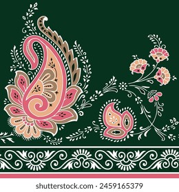 allover geometrical vector paisley pattern on border green background