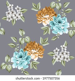 allover grey brown vector small flower Pattern on green background