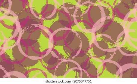 Allover marca el círculo a mano sella la huella textil. Elementos que se solapan en la mancha circular vectan un patrón sin fisuras. El círculo de textura de tinta marca la impresión textil.
