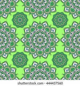 All-over medallion design print in green, white, blue & pale yellow on lime green background. Seamless mandala medallion pattern for oriental & boho motifs bedding sets, comforters, tapestries, rugs.