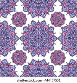 Allover medallion design print in tints of pink & blue on white background. Seamless floral mandala medallion pattern for ethnic oriental bedding sets, folklore tapestry, boho rug, vintage gift wrap.
