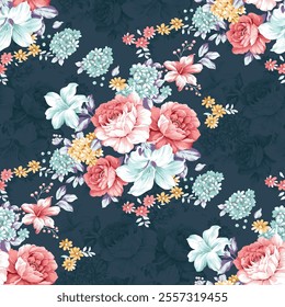 Allover multi motif ornament Seamless pattern with watercolor flowers repeat  texture,seamless pattern use it for filling any contours