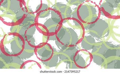 Allover painted circle stamps textile print. Round shape stain overlapping elements vector seamless pattern. Brush stroke circle stamps textile design.