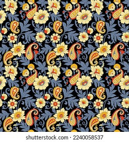 patrón allover paisley con flor sobre fondo negro