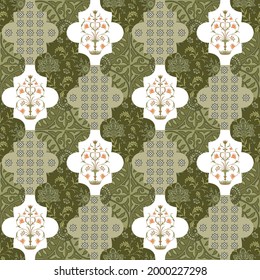 allover paisley pattern with Mogul flower on green background